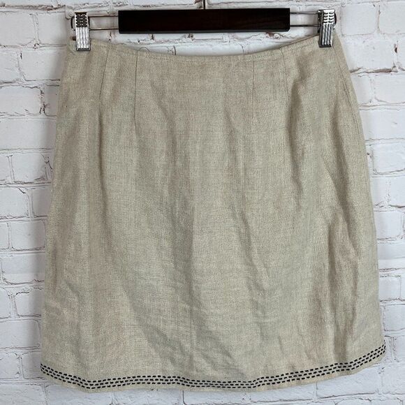 ANN TAYLOR boho gray beige wrap fringe linen unlined embroidered skirt size 8 - Picture 4 of 6